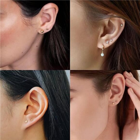 8-Pair Gold Stud Earring Set – Hearts, CZ, Balls Hypoallergenic Cubic Zirconia - Picture 2 of 5